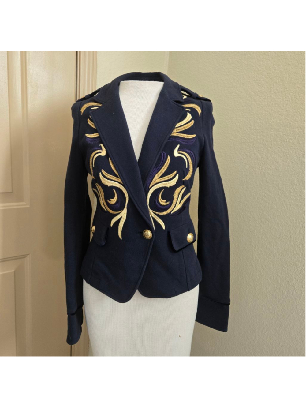 Marella Navy Gold Bullion Embroidery Blazer Military style Jacket Size 4